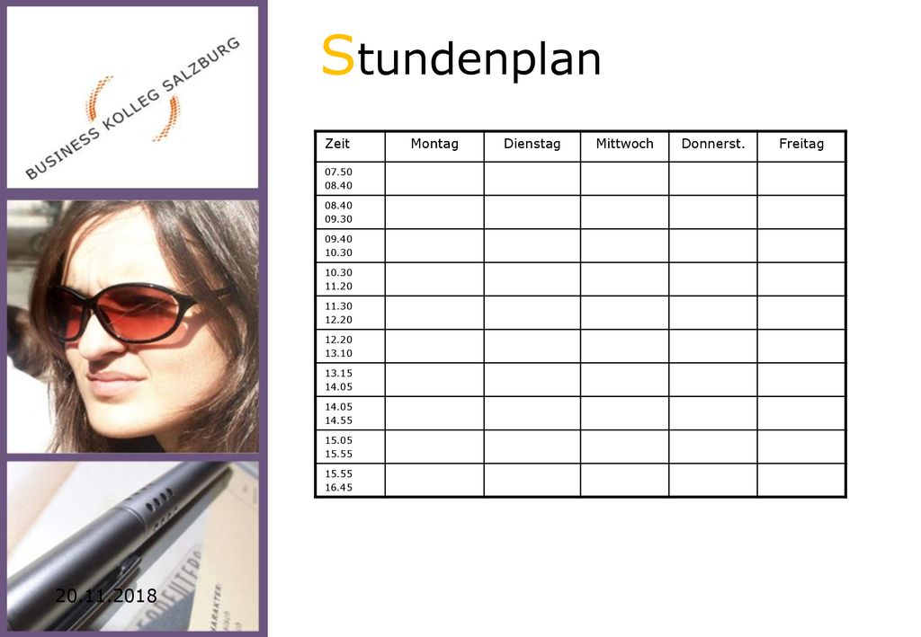 Stundenplan Zeit Montag Dienstag Mittwoch Donnerst. Freitag