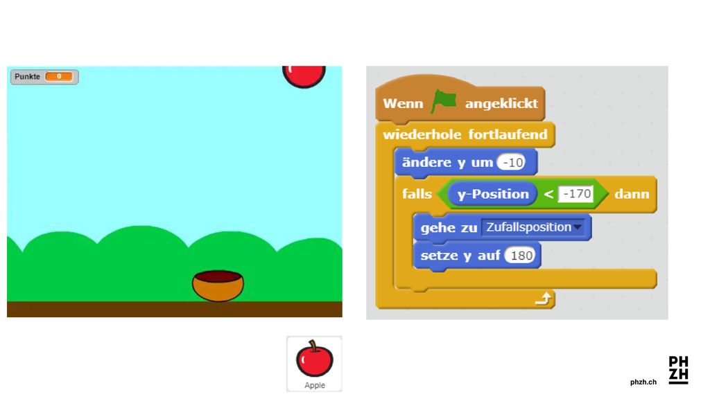 Debug 1 Beschreibung: Der Apfel gleitet ein wenig herunter, verschwindet und beginnt wieder oben. Lösung: