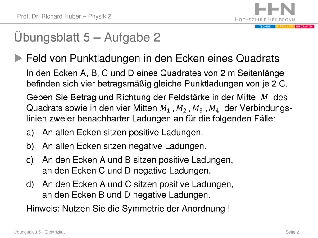 Übungsblatt 5 – Aufgabe 2 Feld von Punktladungen in den Ecken eines Quadrats.