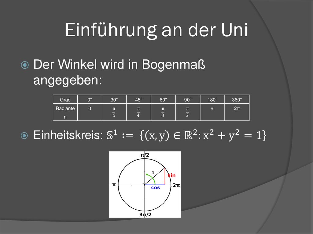 Einführung an der Uni Der Winkel wird in Bogenmaß angegeben: