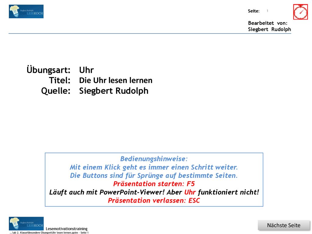 Titel: Quelle: Übungsart: Titel: Quelle: Uhr Die Uhr lesen lernen