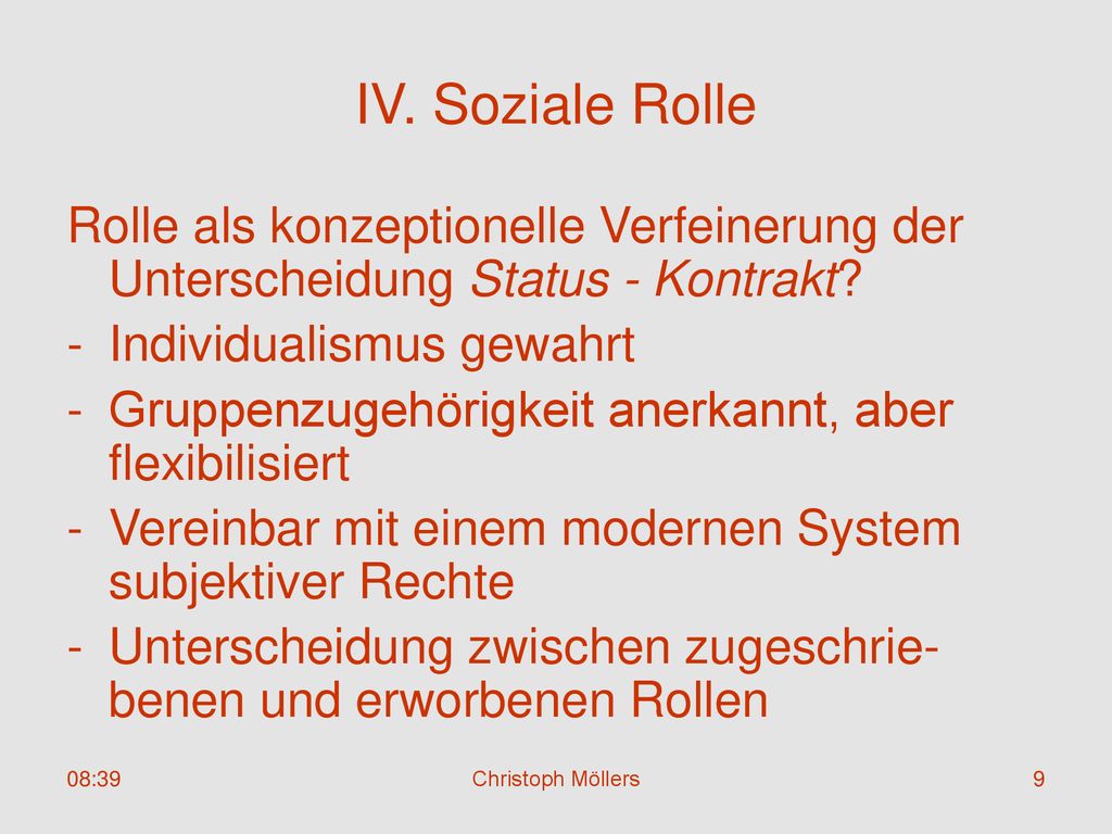 IV. Soziale Rolle Rolle als konzeptionelle Verfeinerung der Unterscheidung Status - Kontrakt Individualismus gewahrt.