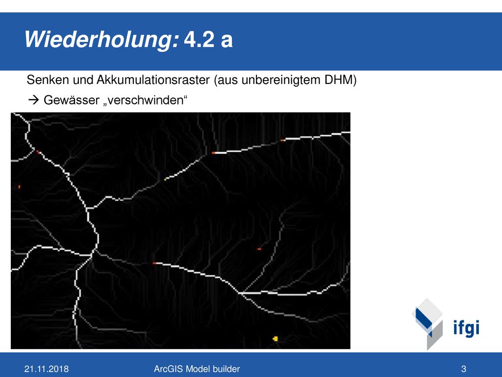 Wiederholung: 4.2 a Senken und Akkumulationsraster (aus unbereinigtem DHM)  Gewässer „verschwinden
