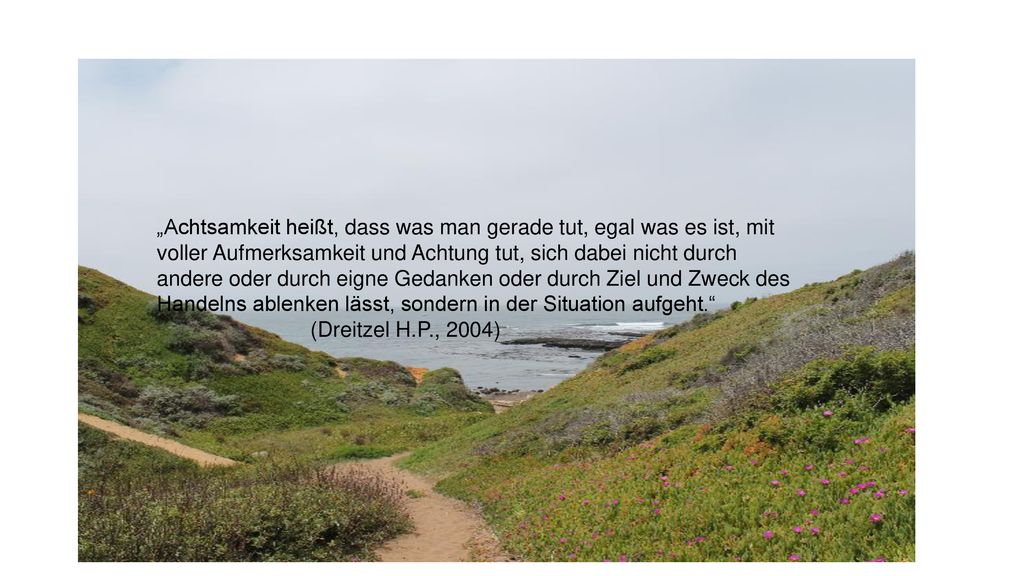 „Achtsamkeit heißt, dass was man gerade tut, egal was es ist, mit voller Aufmerksamkeit und Achtung tut, sich dabei nicht durch andere oder durch eigne Gedanken oder durch Ziel und Zweck des Handelns ablenken lässt, sondern in der Situation aufgeht.