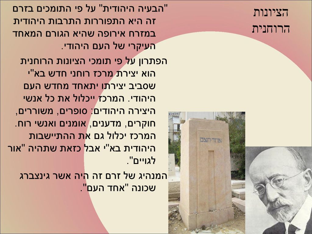 הציונות הרוחנית הבעיה היהודית על פי התומכים בזרם זה היא התפוררות התרבות היהודית במזרח אירופה שהיא הגורם המאחד העיקרי של העם היהודי.