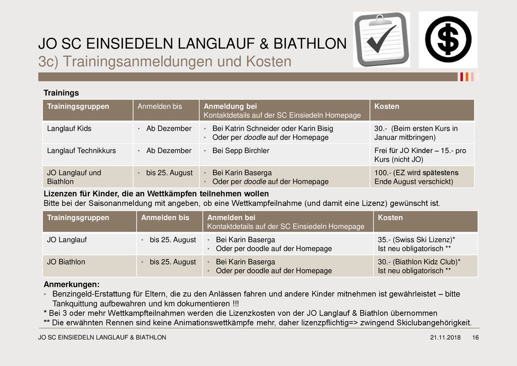 JO SC EINSIEDELN LANGLAUF & BIATHLON 3c) Trainingsanmeldungen und Kosten