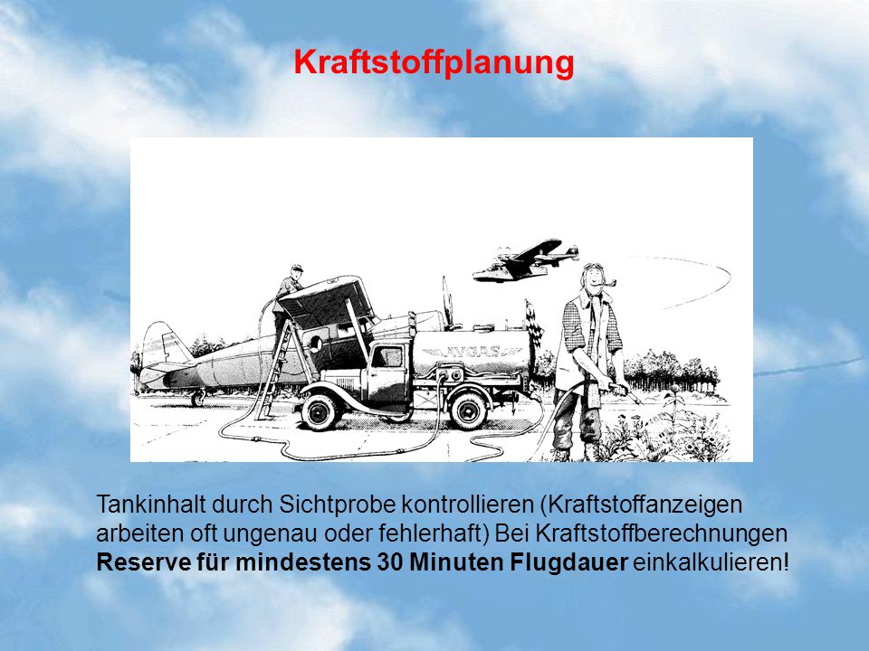 Kraftstoffplanung Kraftstoffvorrat / Berechnung bei Überlandflügen. Tankinhalt durch Sichtprobe kontrollieren (Kraftstoffanzeigen.