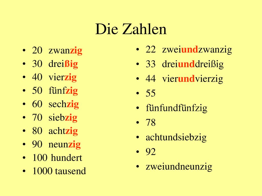 Die Zahlen 22 zweiundzwanzig 20 zwanzig 33 dreiunddreißig 30 dreißig