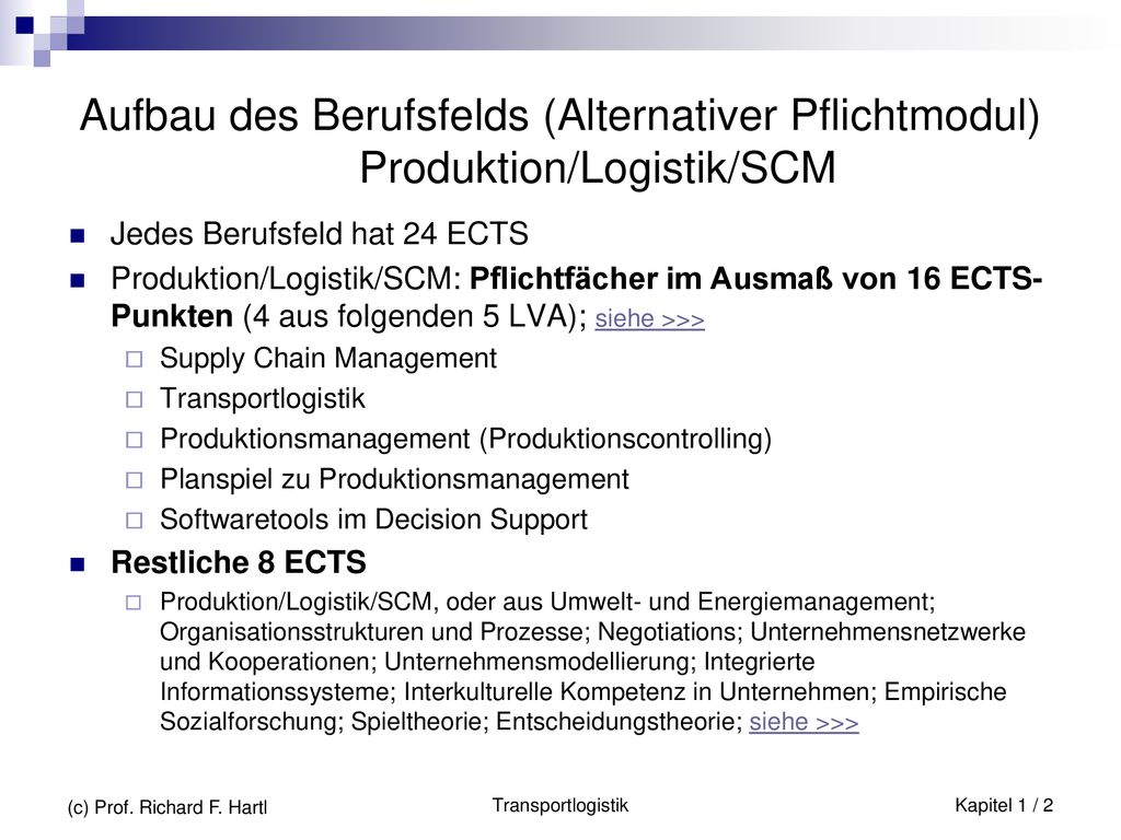 Aufbau des Berufsfelds (Alternativer Pflichtmodul) Produktion/Logistik/SCM