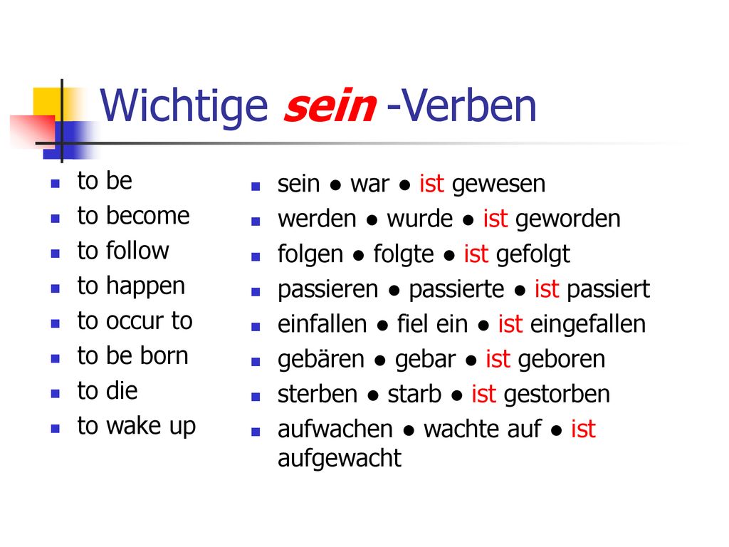 Wichtige sein -Verben to be sein ● war ● ist gewesen to become