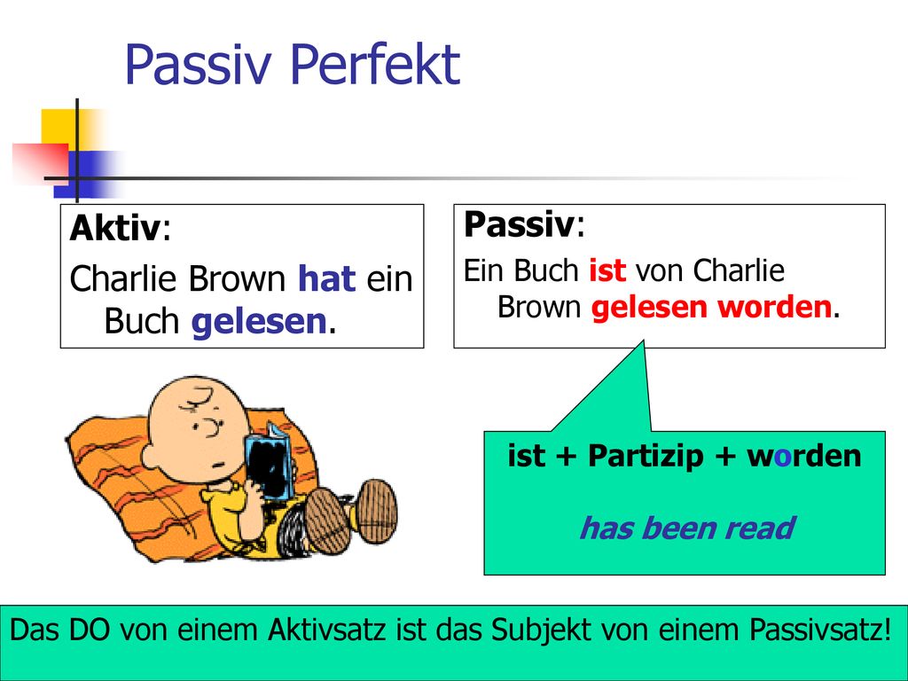 Passiv Perfekt Passiv: Aktiv: Charlie Brown hat ein Buch gelesen.