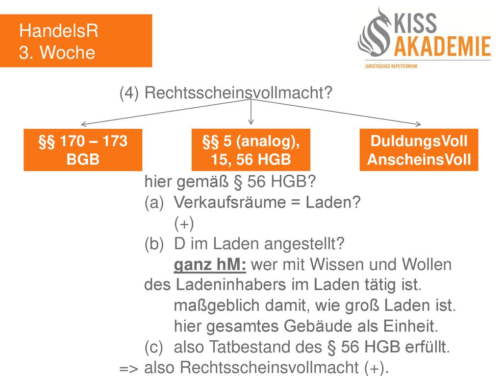 HandelsR 3. Woche (4) Rechtsscheinsvollmacht hier gemäß § 56 HGB