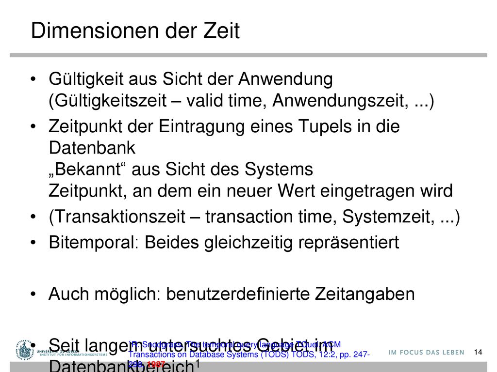 Dimensionen der Zeit Gültigkeit aus Sicht der Anwendung (Gültigkeitszeit – valid time, Anwendungszeit, ...)