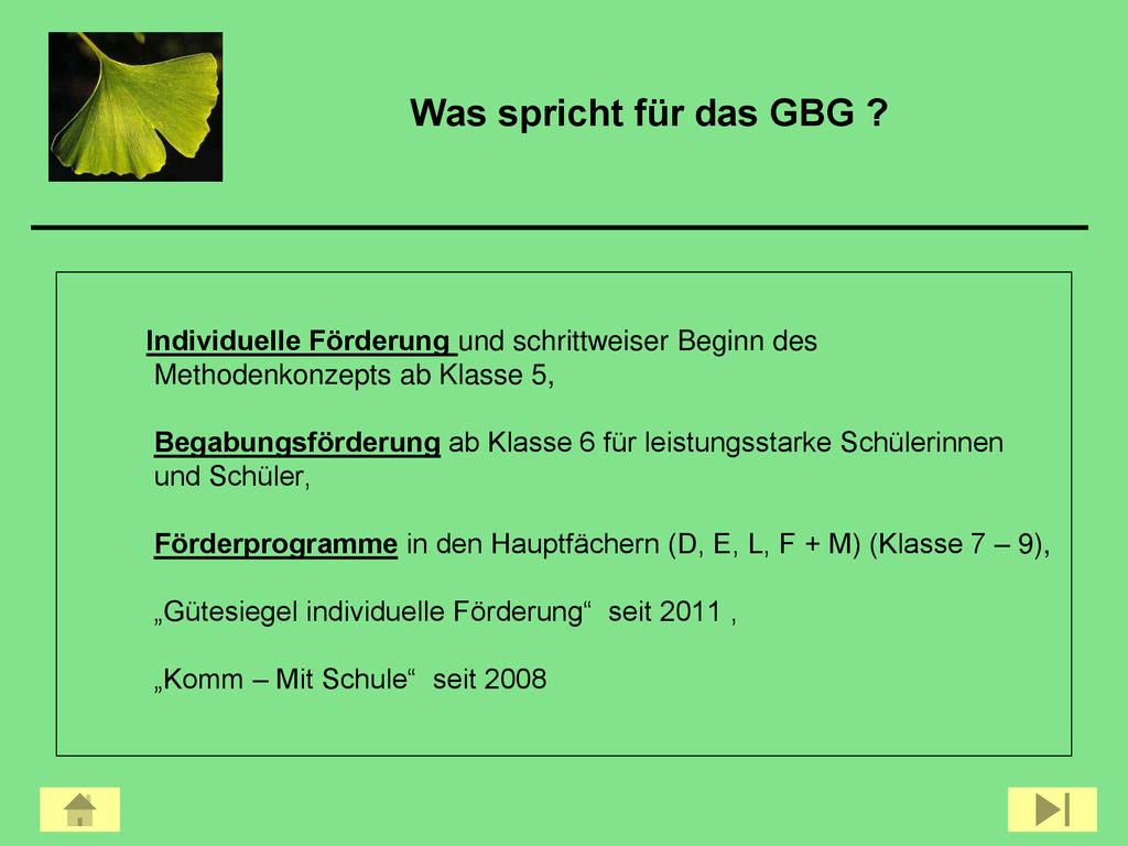 Was spricht für das GBG Individuelle Förderung und schrittweiser Beginn des. Methodenkonzepts ab Klasse 5,