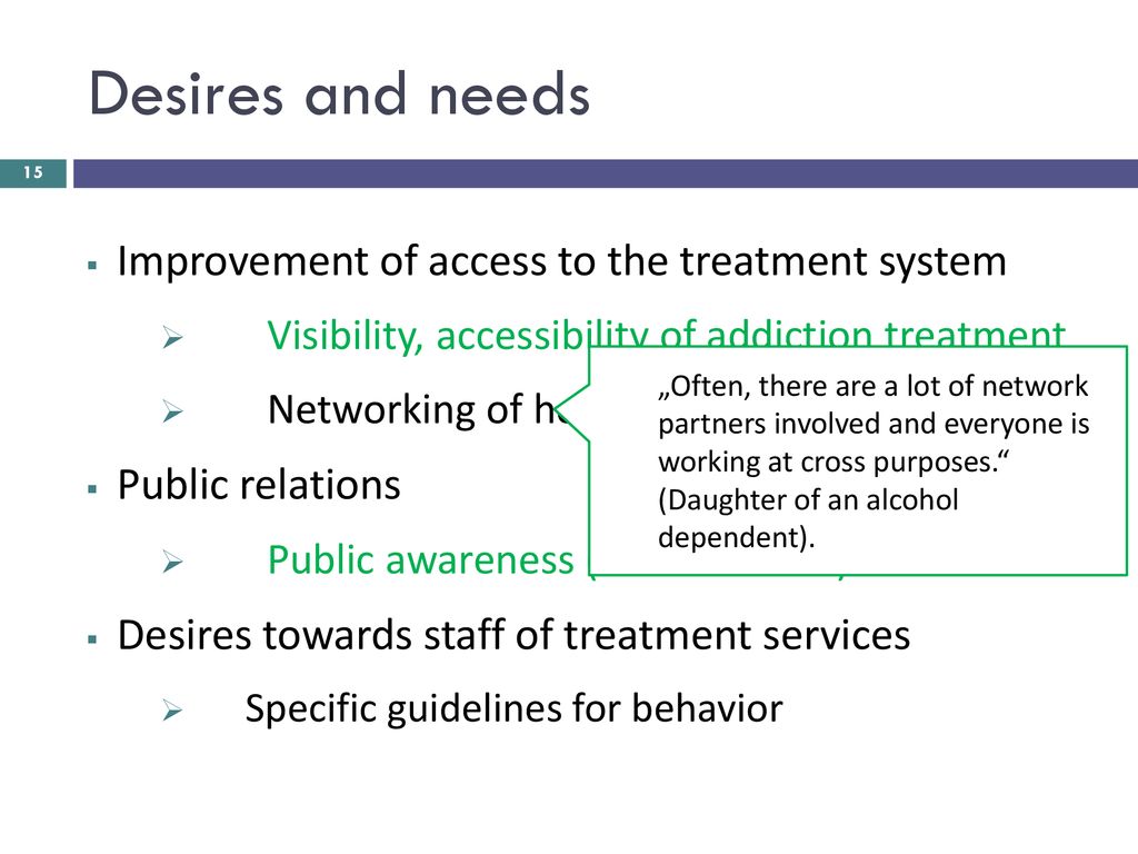 Desires and needs Improvement of access to the treatment system