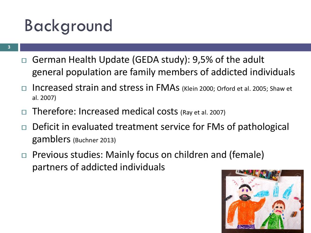 Background German Health Update (GEDA study): 9,5% of the adult general population are family members of addicted individuals.