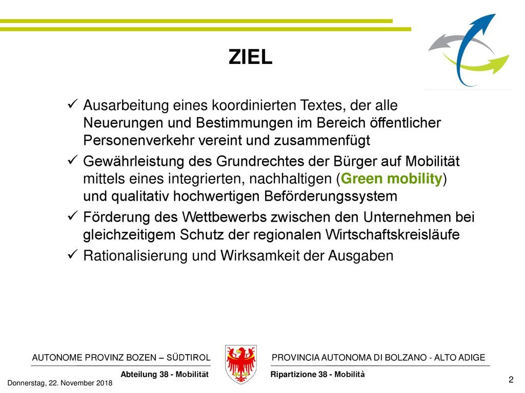 ZIEL Ausarbeitung eines koordinierten Textes, der alle Neuerungen und Bestimmungen im Bereich öffentlicher Personenverkehr vereint und zusammenfügt.