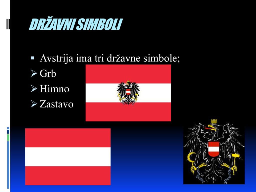 DRŽAVNI SIMBOLI Avstrija ima tri državne simbole; Grb Himno Zastavo