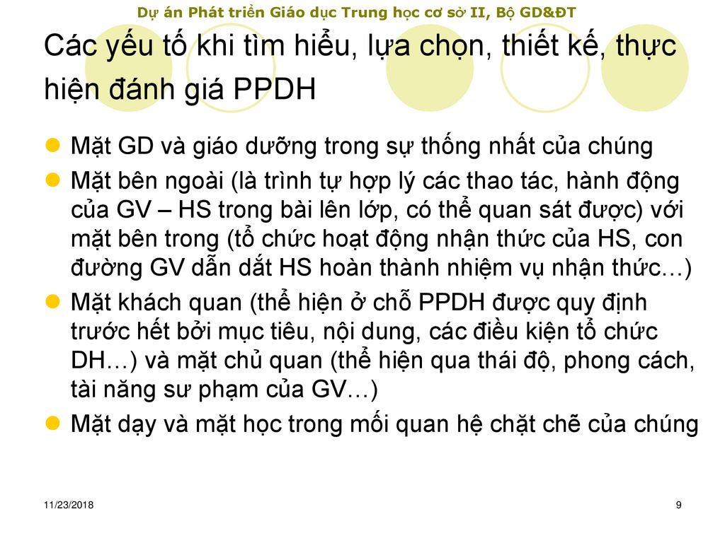 Các yếu tố khi tìm hiểu, lựa chọn, thiết kế, thực hiện đánh giá PPDH
