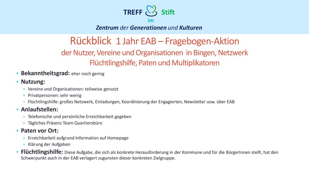 Rückblick 1 Jahr EAB – Fragebogen-Aktion der Nutzer, Vereine und Organisationen in Bingen, Netzwerk Flüchtlingshilfe, Paten und Multiplikatoren