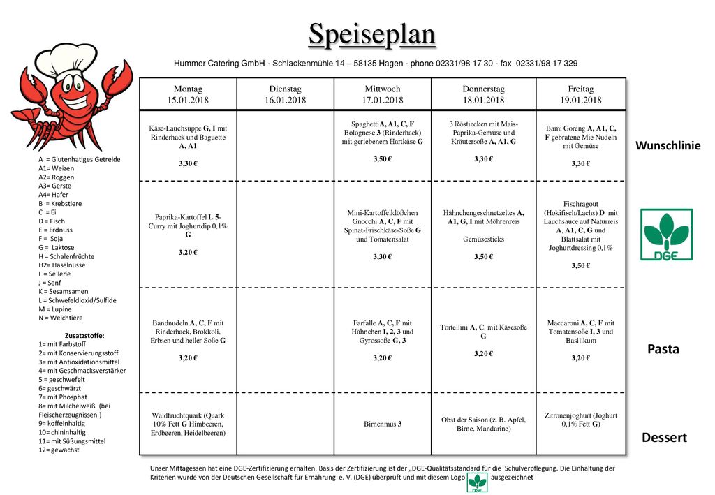 Speiseplan Pasta Dessert Wunschlinie Montag Dienstag