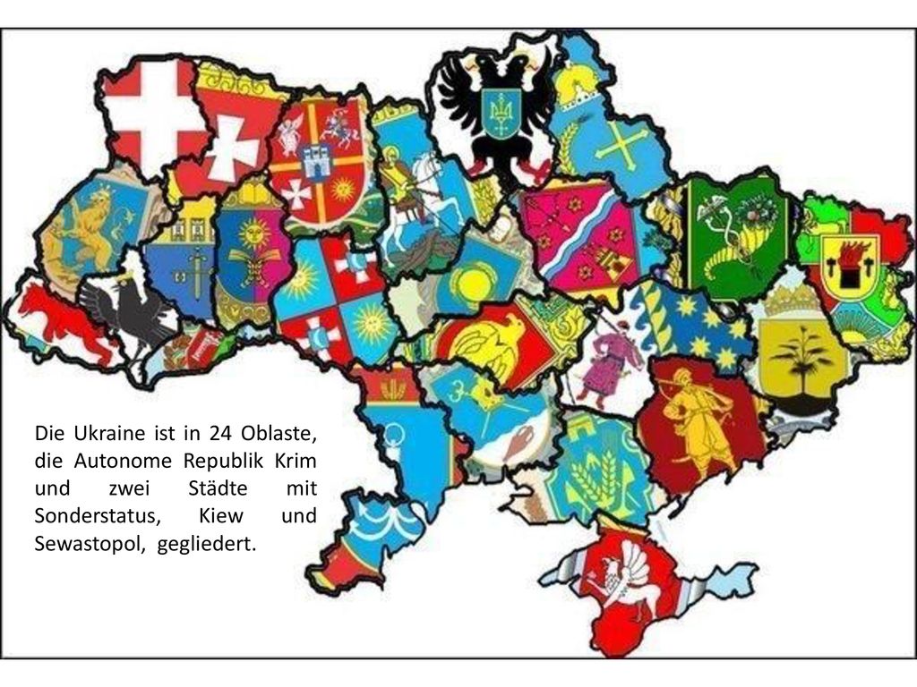 Die Ukraine ist in 24 Oblaste, die Autonome Republik Krim und zwei Städte mit Sonderstatus, Kiew und Sewastopol, gegliedert.
