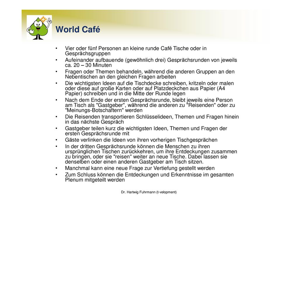 World Café Vier oder fünf Personen an kleine runde Café Tische oder in Gesprächsgruppen.
