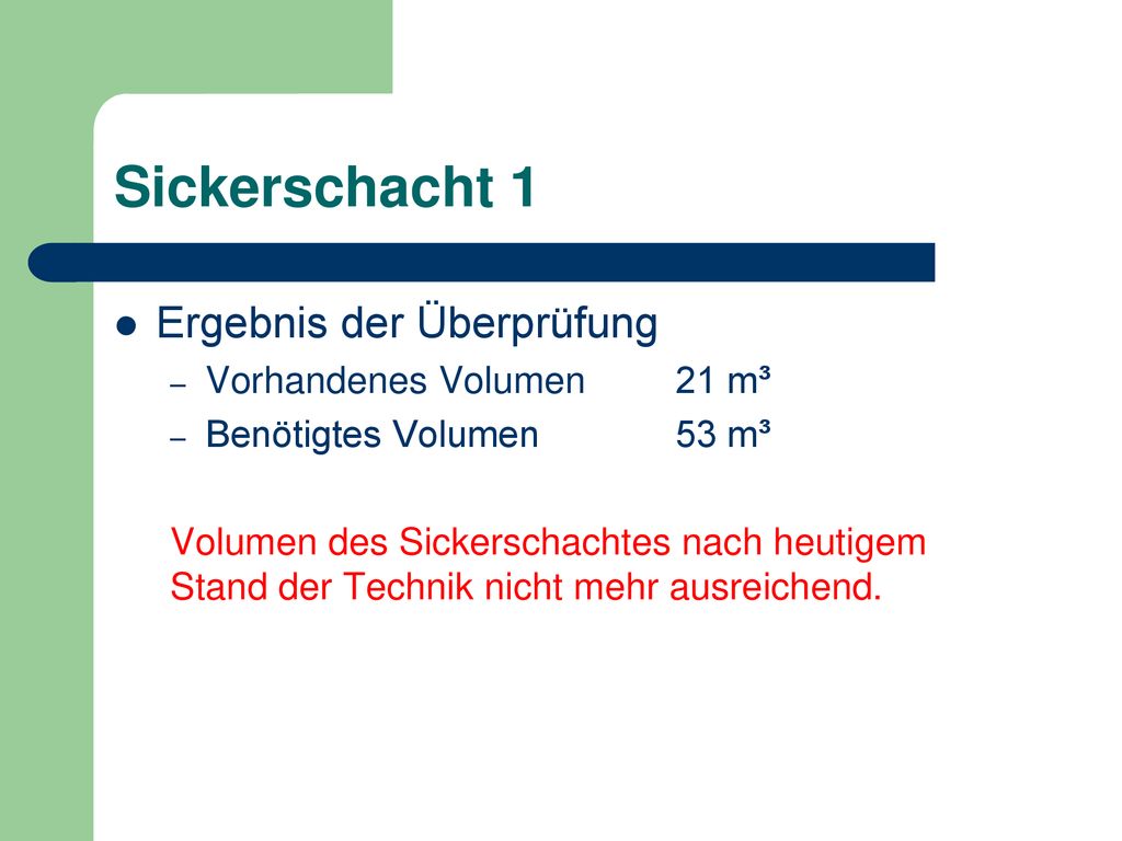 Sickerschacht 1 Ergebnis der Überprüfung Vorhandenes Volumen 21 m³