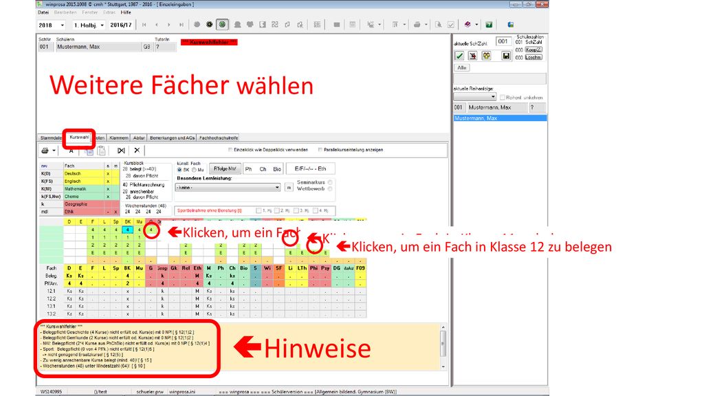 Weitere Fächer wählen Hinweise Klicken, um ein Fach 4 HJ zu belegen