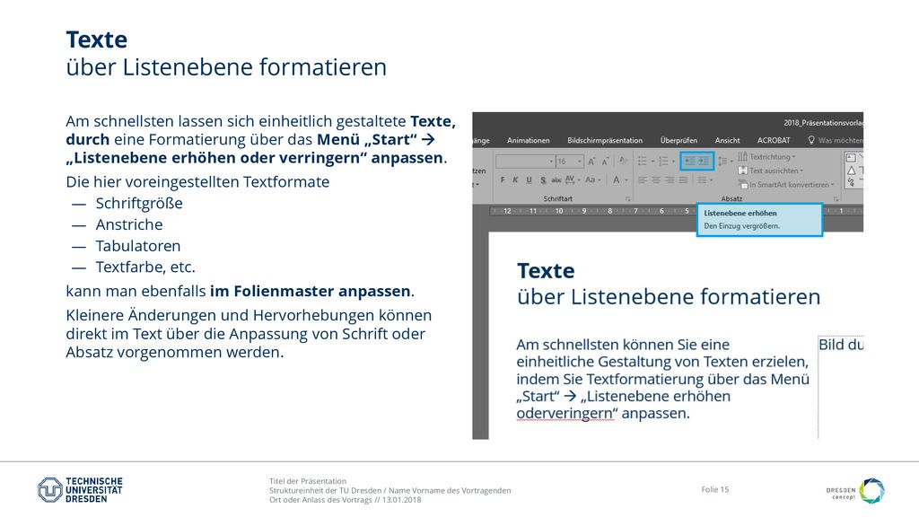 Texte über Listenebene formatieren