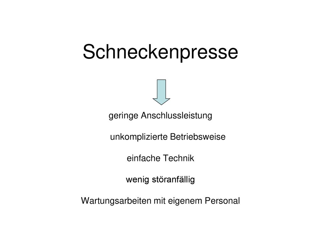 Schneckenpresse geringe Anschlussleistung unkomplizierte Betriebsweise einfache Technik wenig störanfällig Wartungsarbeiten mit eigenem Personal