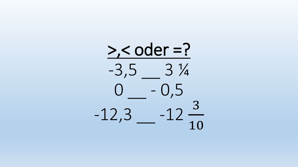 >,< oder = -3,5 __ 3 ¼ 0 __ - 0,5 -12,3 __