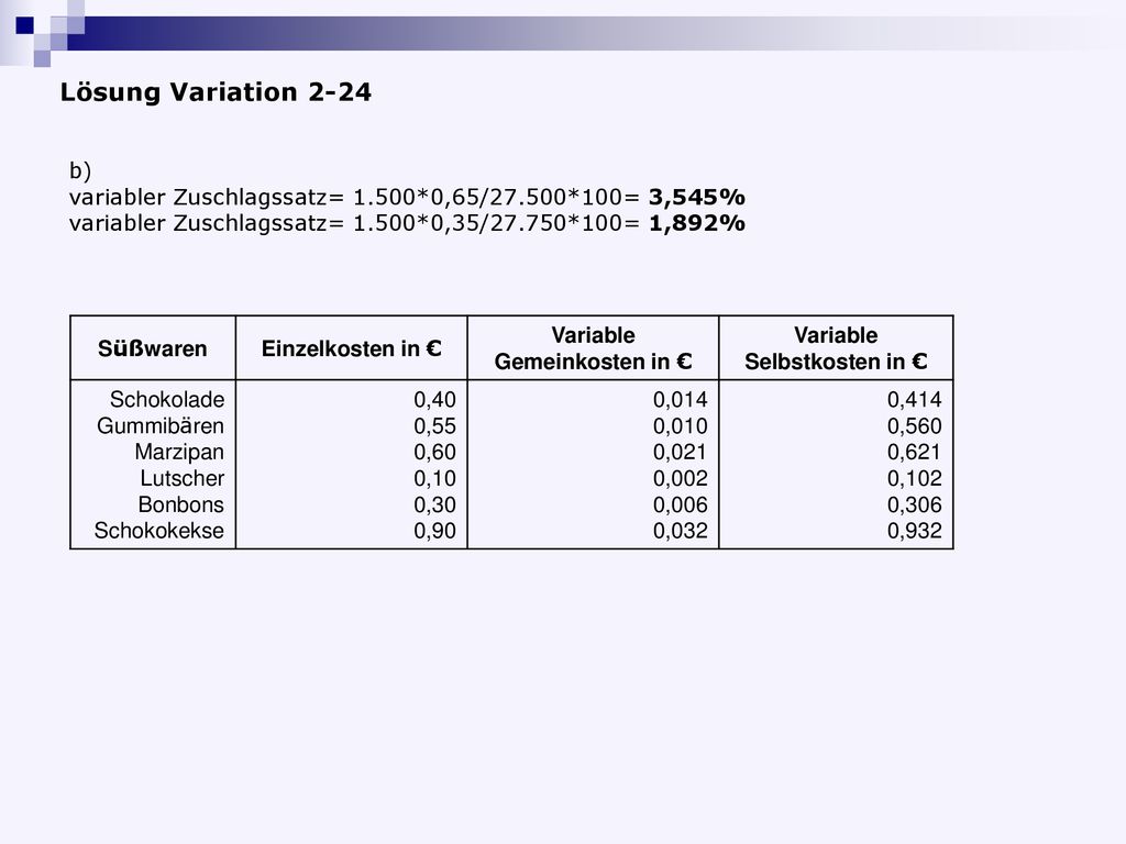 Lösung Variation 2-24 b) variabler Zuschlagssatz= 1.500*0,65/27.500*100= 3,545% variabler Zuschlagssatz= 1.500*0,35/27.750*100= 1,892%