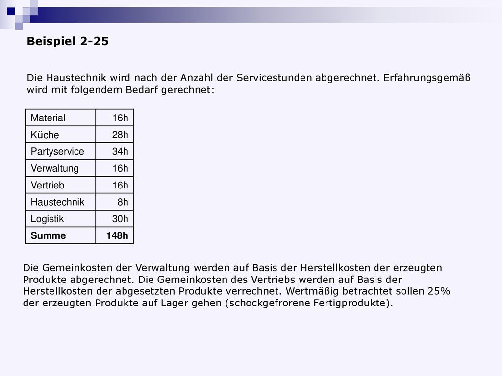 Beispiel 2-25 Die Haustechnik wird nach der Anzahl der Servicestunden abgerechnet. Erfahrungsgemäß wird mit folgendem Bedarf gerechnet: