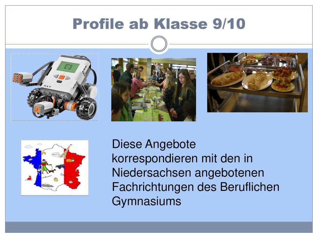 Profile ab Klasse 9/10 Diese Angebote korrespondieren mit den in Niedersachsen angebotenen Fachrichtungen des Beruflichen Gymnasiums.