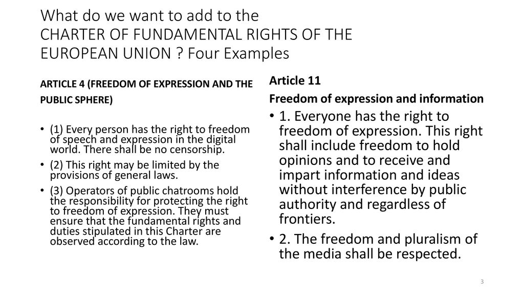 What do we want to add to the CHARTER OF FUNDAMENTAL RIGHTS OF THE EUROPEAN UNION Four Examples