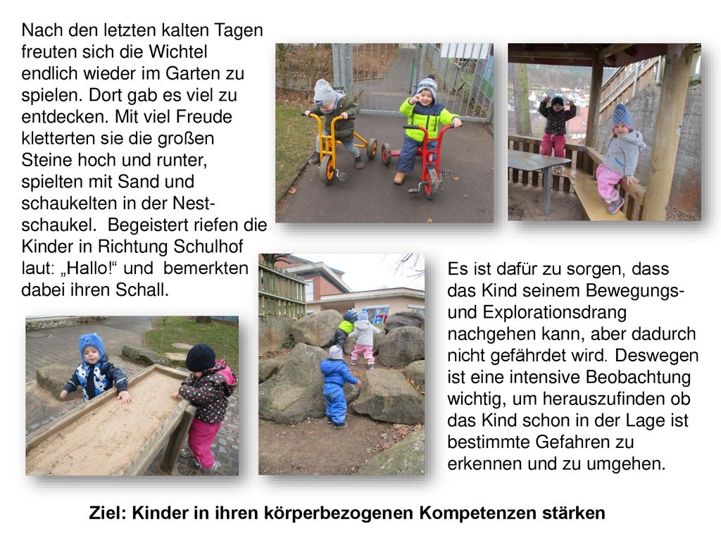 Nach den letzten kalten Tagen freuten sich die Wichtel endlich wieder im Garten zu spielen. Dort gab es viel zu entdecken. Mit viel Freude kletterten sie die großen Steine hoch und runter, spielten mit Sand und schaukelten in der Nest-schaukel. Begeistert riefen die Kinder in Richtung Schulhof laut: „Hallo! und bemerkten dabei ihren Schall.