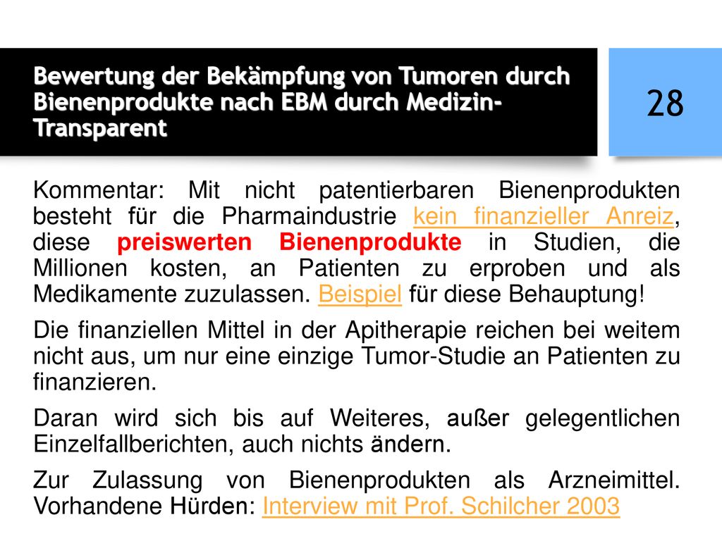 Bewertung der Bekämpfung von Tumoren durch Bienenprodukte nach EBM durch Medizin-Transparent