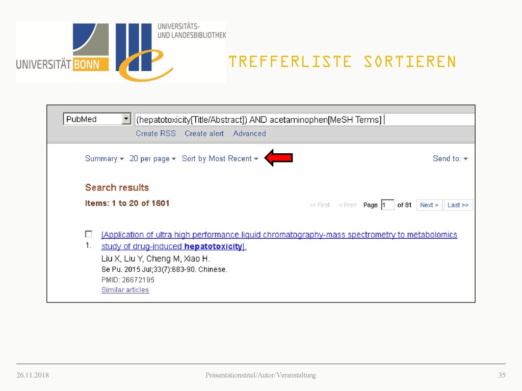 Trefferliste sortieren