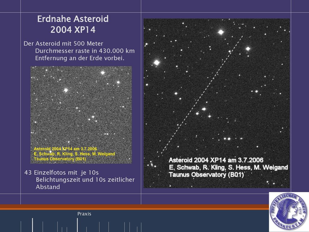 Erwin Schwab: Bewegung am Himmel: Zwei Vollmonddurchmesser pro Stunde. Erdnahe Asteroid 2004 XP14.