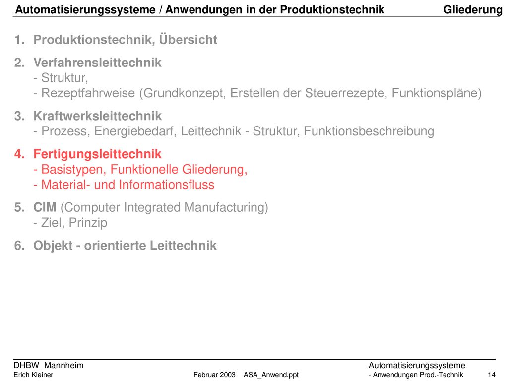 1. Produktionstechnik, Übersicht 2. Verfahrensleittechnik - Struktur,