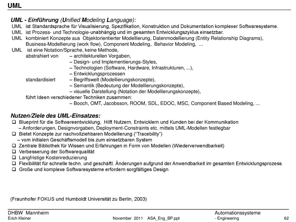UML UML - Einführung (Unified Modeling Language):