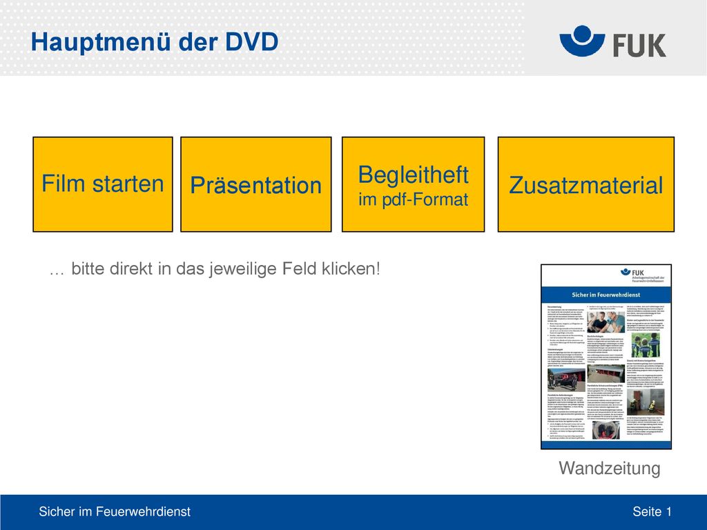 Hauptmenü der DVD Film starten Präsentation Begleitheft im pdf-Format