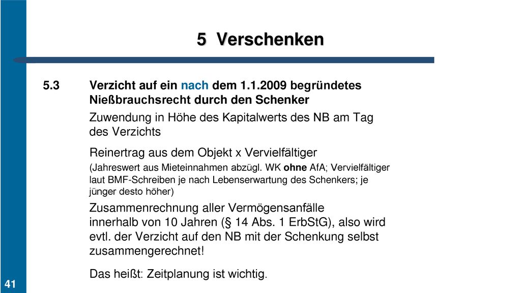 Verschenken. 5.3 Verzicht auf ein nach dem begründetes Nießbrauchsrecht durch den Schenker.