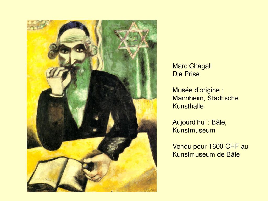 Marc Chagall Die Prise. Musée d’origine : Mannheim, Städtische Kunsthalle. Aujourd’hui : Bâle, Kunstmuseum.