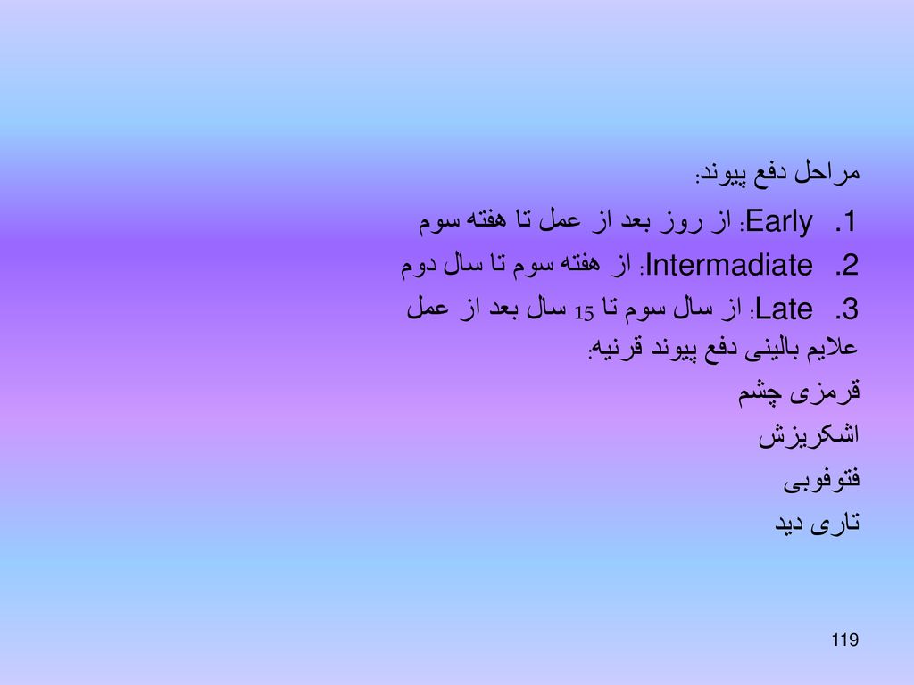 مراحل دفع پیوند: Early: از روز بعد از عمل تا هفته سوم. Intermadiate: از هفته سوم تا سال دوم. Late: از سال سوم تا 15 سال بعد از عمل.