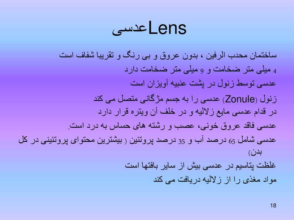 عدسی Lens ساختمان محدب الرفین ، بدون عروق و بی رنگ و تقریبا شفاف است