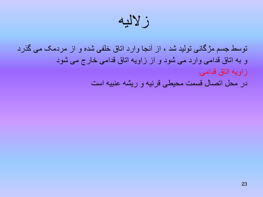 زلالیه توسط جسم مژگانی تولید شد ، از آنجا وارد اتاق خلفی شده و از مردمک می گذرد. و به اتاق قدامی وارد می شود و از زاویه اتاق قدامی خارج می شود.