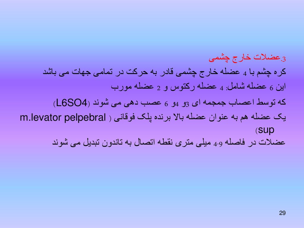 3.عضلات خارج چشمی کره چشم با 4 عضله خارج چشمی قادر به حرکت در تمامی جهات می باشد این 6 عضله شامل: 4 عضله رکتوس و 2 عضله مورب که توسط اعصاب جمجمه ای 3و 4و 6 عصب دهی می شوند (L6SO4) یک عضله هم به عنوان عضله بالا برنده پلک فوقانی (m.levator pelpebral sup) عضلات در فاصله 9-4 میلی متری نقطه اتصال به تاندون تبدیل می شوند