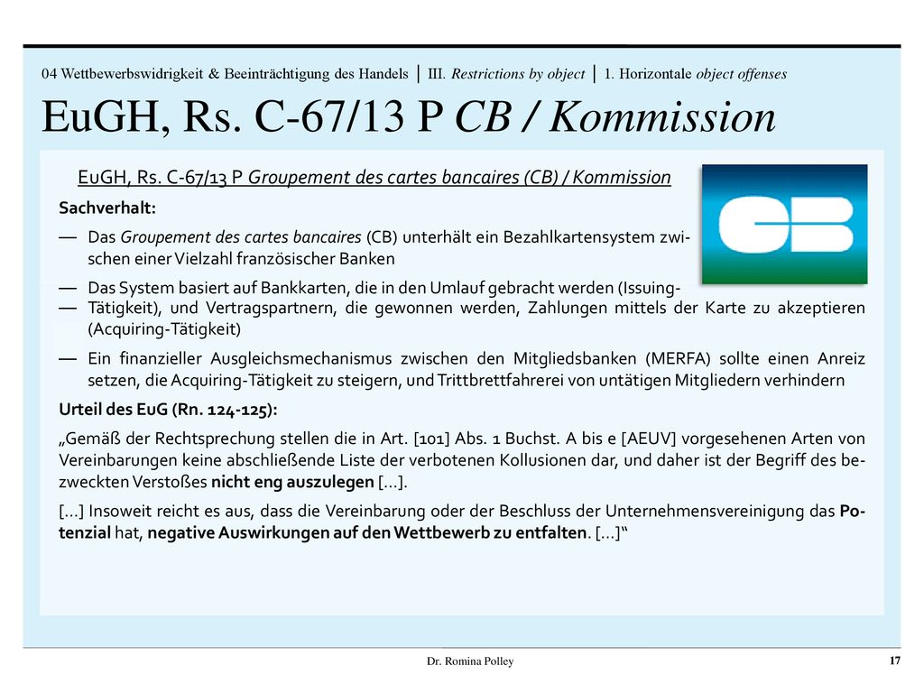 EuGH, Rs. C-67/13 P Groupement des cartes bancaires (CB) / Kommission